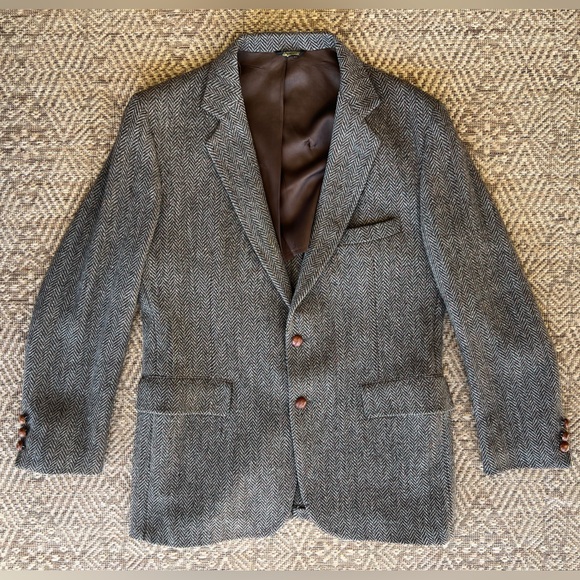 Vintage Harris Tweed‎ Sport Coat Blazer 43R Men's Brown Leather Buttons Academia